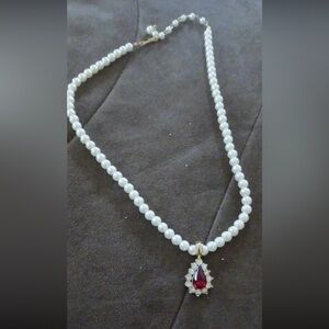 Ruby jewel and faux pearl necklace